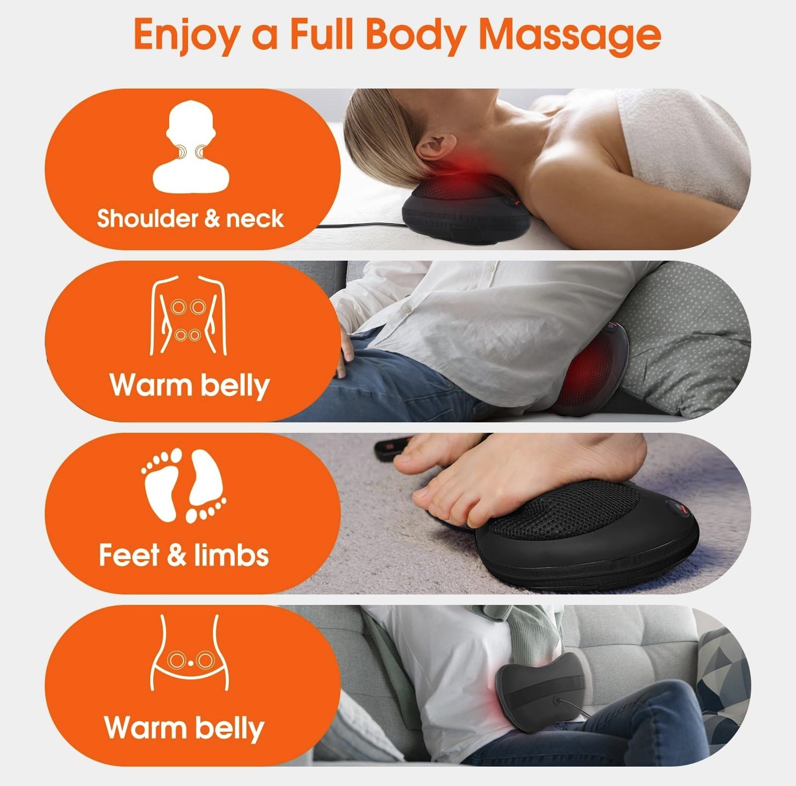 8 Head Shiatsu Shoulder Neck and Back Massager Pillow Heat Deep Kneading Cushion