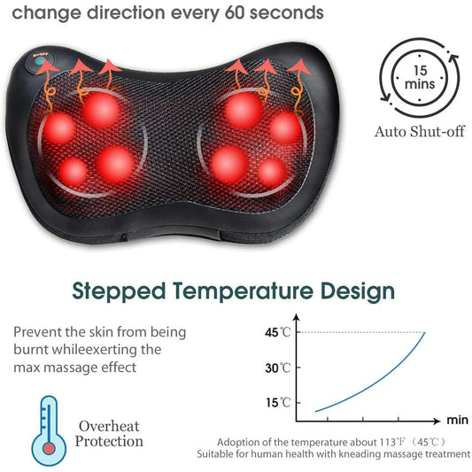 8 Head Shiatsu Shoulder Neck and Back Massager Pillow Heat Deep Kneading Cushion