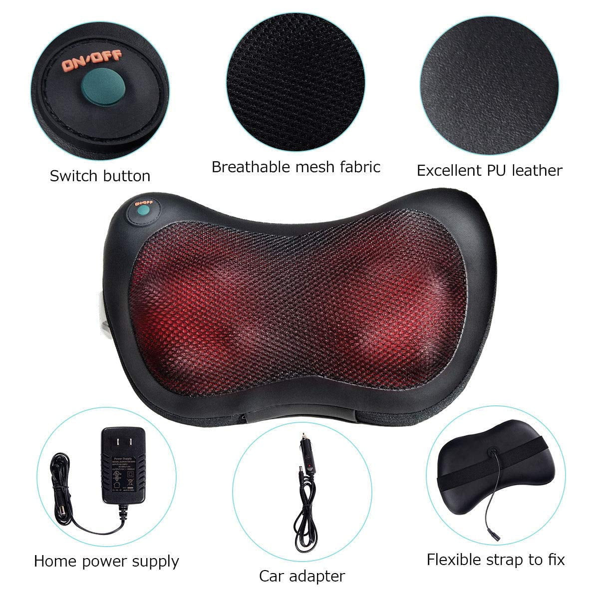 8 Head Shiatsu Shoulder Neck and Back Massager Pillow Heat Deep Kneading Cushion