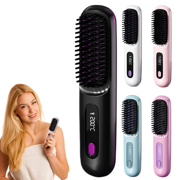 Cordless Ceramic Heated Hot Brush Rechargeable Travel Hair Straightener Portable Straightening Comb for Smooth Frizz-Free Hair