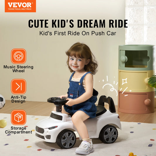 SucceBuy White/Pink Ride On Push Car Classic Kids Ride On Sports Toy Car with Music Steering Wheel for Toddlers Boys Girls
