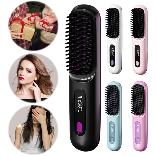 Cordless Ceramic Heated Hot Brush Rechargeable Travel Hair Straightener Portable Straightening Comb for Smooth Frizz-Free Hair
